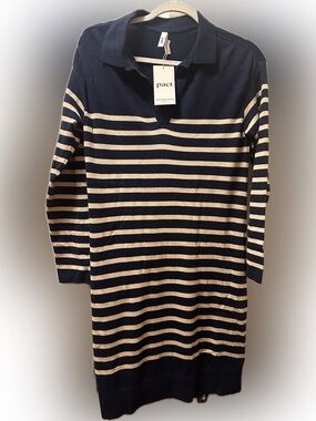 Pact Women’s Encinitas Navy and Cream Striped Polo Sweater Dress